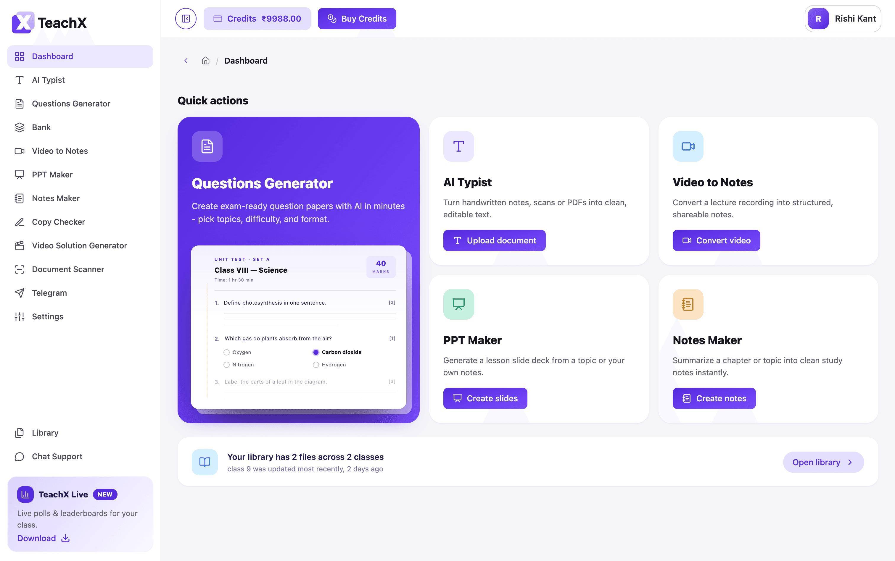 TeachX dashboard showing the AI Typist tool